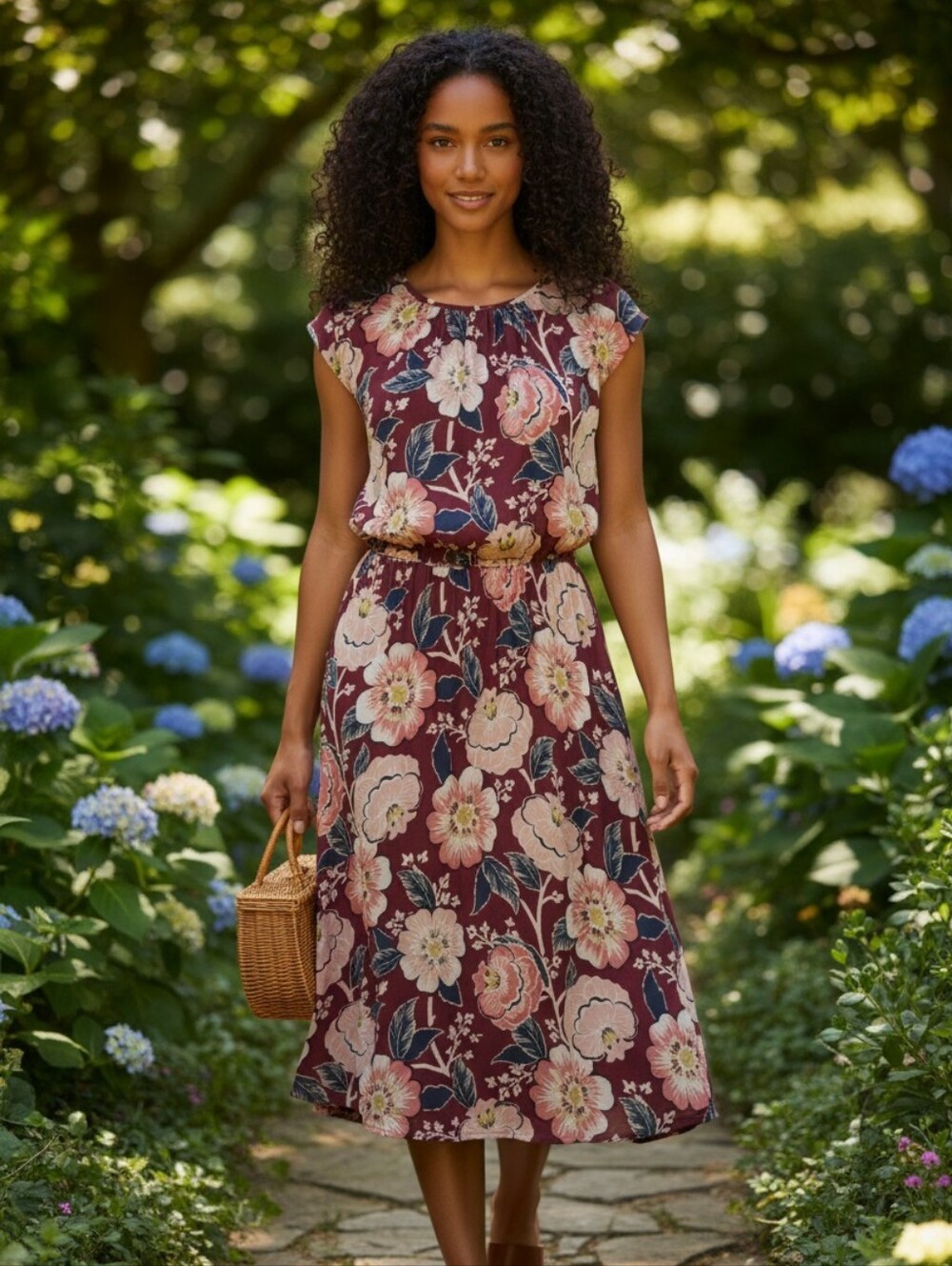 LOFT Burgundy Floral Midi Dress with Pink Blooms